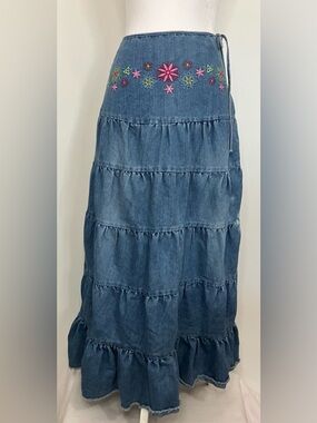 Vintage Maxi Triered Denim Embroidered Skirt Sz 3 4 Country Cottage Peasant Boho